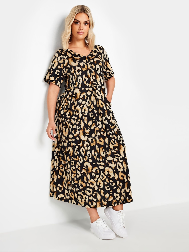 Yours Curve Natural Leopard Print Short Sleeve Pleated Front Maxi Dress - Image 1 of 5