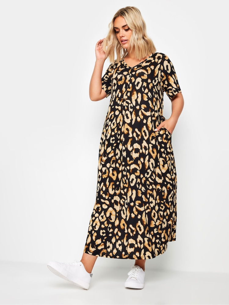 Yours Curve Natural Leopard Print Short Sleeve Pleated Front Maxi Dress - Image 2 of 5