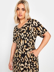 Yours Curve Natural Leopard Print Short Sleeve Pleated Front Maxi Dress - Image 4 of 5