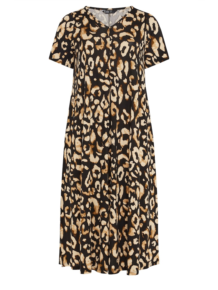 Yours Curve Natural Leopard Print Short Sleeve Pleated Front Maxi Dress - Image 5 of 5