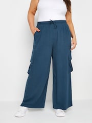 Yours Curve Blue Linen Look Cargo Trousers - Image 1 of 5