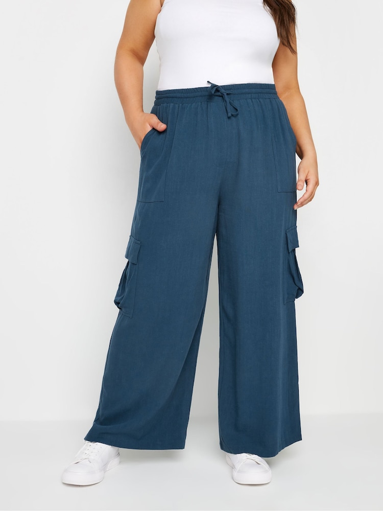 Yours Curve Blue Linen Look Cargo Trousers - Image 1 of 5