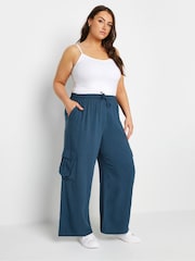 Yours Curve Blue Linen Look Cargo Trousers - Image 2 of 5