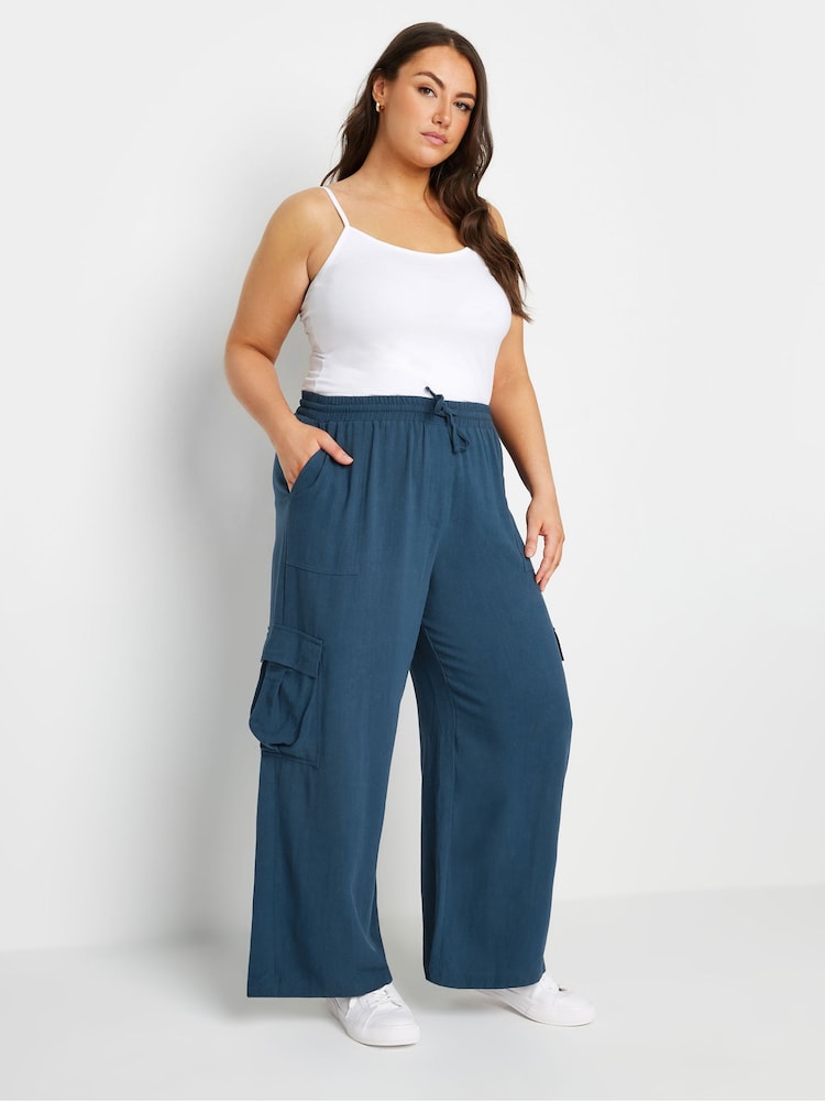 Yours Curve Blue Linen Look Cargo Trousers - Image 2 of 5