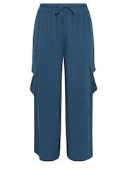 Yours Curve Blue Linen Look Cargo Trousers - Image 5 of 5