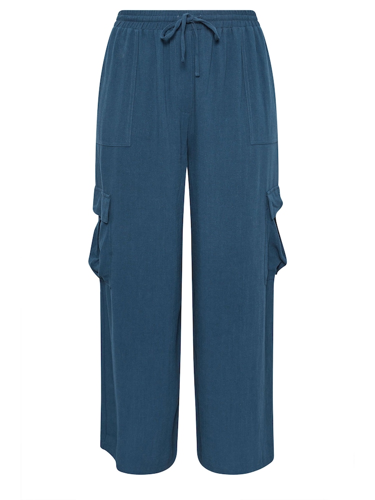 Yours Curve Blue Linen Look Cargo Trousers - Image 5 of 5