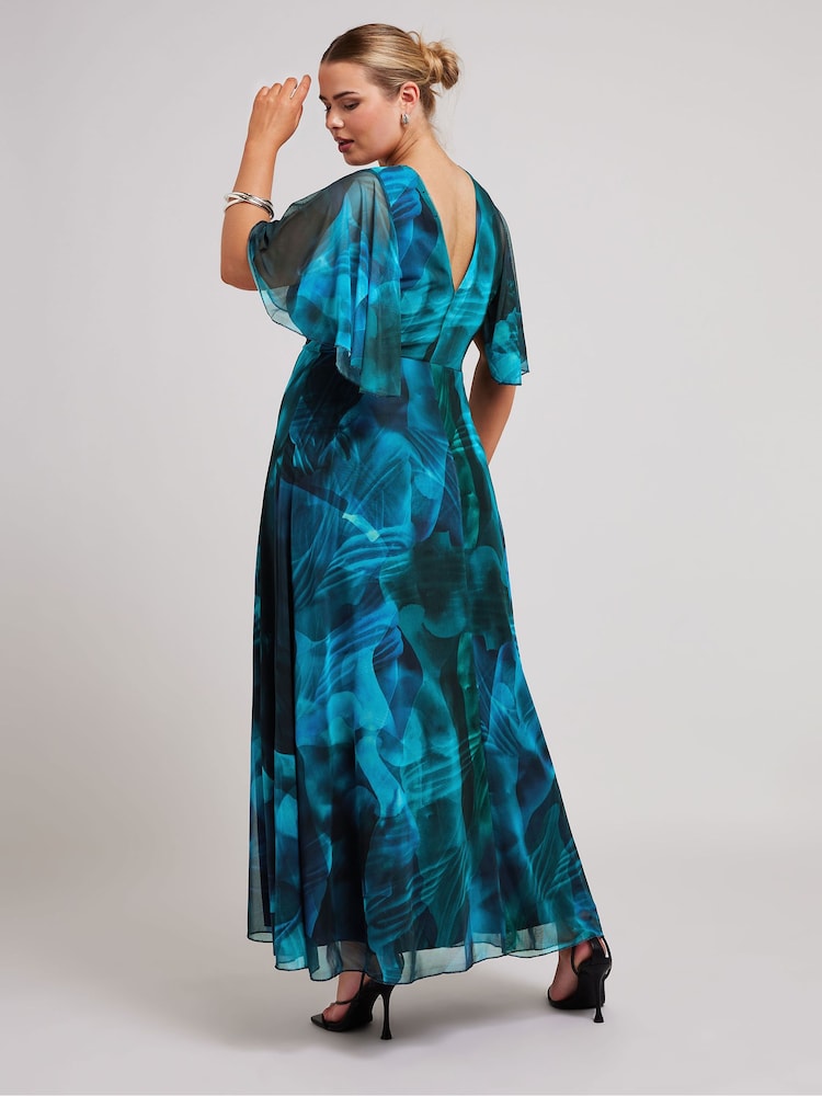 green and blue abstract dress Dionne Green & Blue Abstract Print Short Sleeve Belted Dip Hem Midi Dress