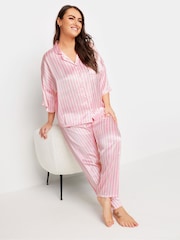 Yours Curve Pink Satin Stripe Pyjama Set - Image 1 of 5