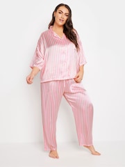 Yours Curve Pink Satin Stripe Pyjama Set - Image 2 of 5