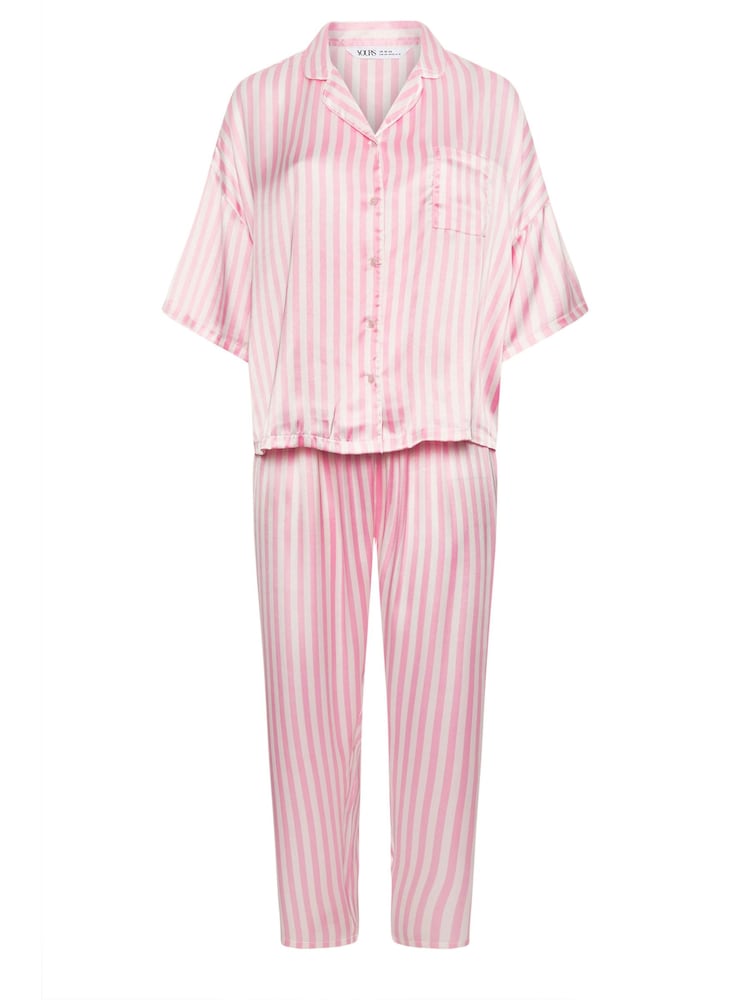 Yours Curve Pink Satin Stripe Pyjama Set - Image 5 of 5