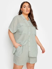 Yours Curve Green Short Sleeve Linen Pinstripe Shirt - Image 1 of 5