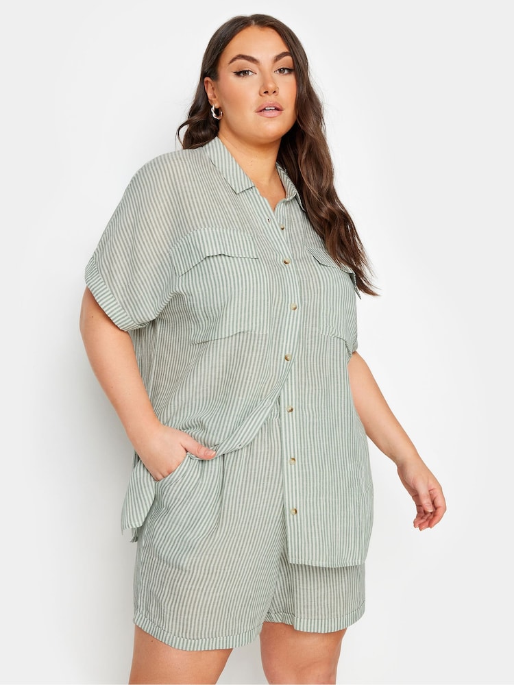 Verde - Yours Curve Short Sleeve Linen Pinstripe Shirt - Imagen 1 de 5 Verde - Yours Curve Short Sleeve Linen Pinstripe Shirt - Imagen 1 de 5