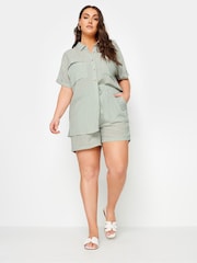 Yours Curve Green Short Sleeve Linen Pinstripe Shirt - Image 2 of 5