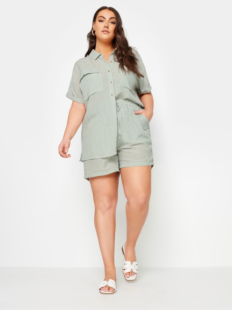 Verde - Yours Curve Short Sleeve Linen Pinstripe Shirt - Imagen 2 de 5 Verde - Yours Curve Short Sleeve Linen Pinstripe Shirt - Imagen 2 de 5