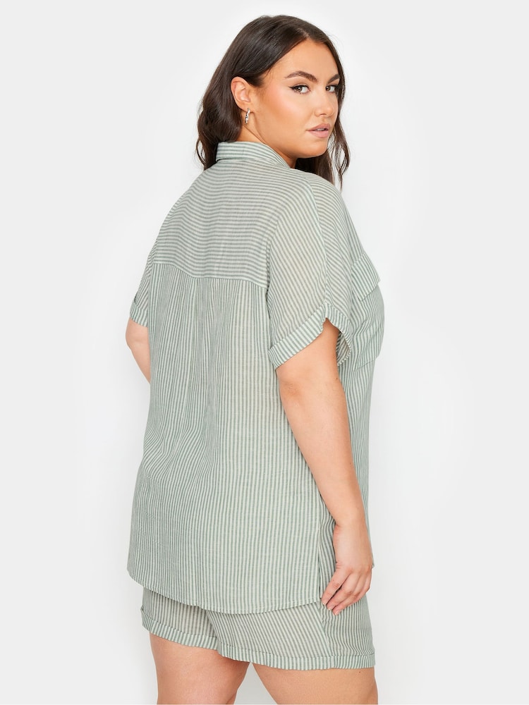 Yours Curve Green Short Sleeve Linen Pinstripe Shirt - Image 3 of 5