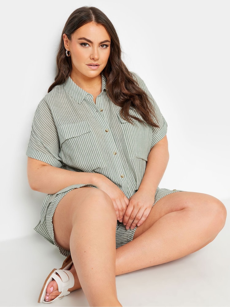 Yours Curve Green Short Sleeve Linen Pinstripe Shirt - Image 4 of 5