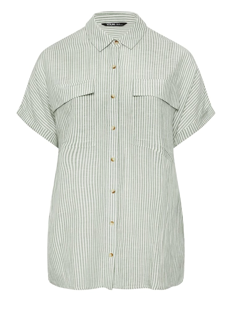 Yours Curve Green Short Sleeve Linen Pinstripe Shirt - Image 5 of 5