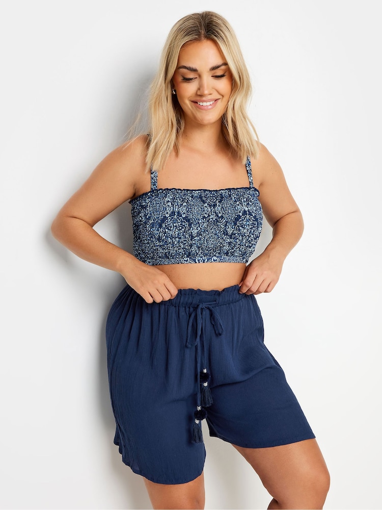 Yours Curve Blue Tassel Detail Beach Shorts - Image 1 of 4