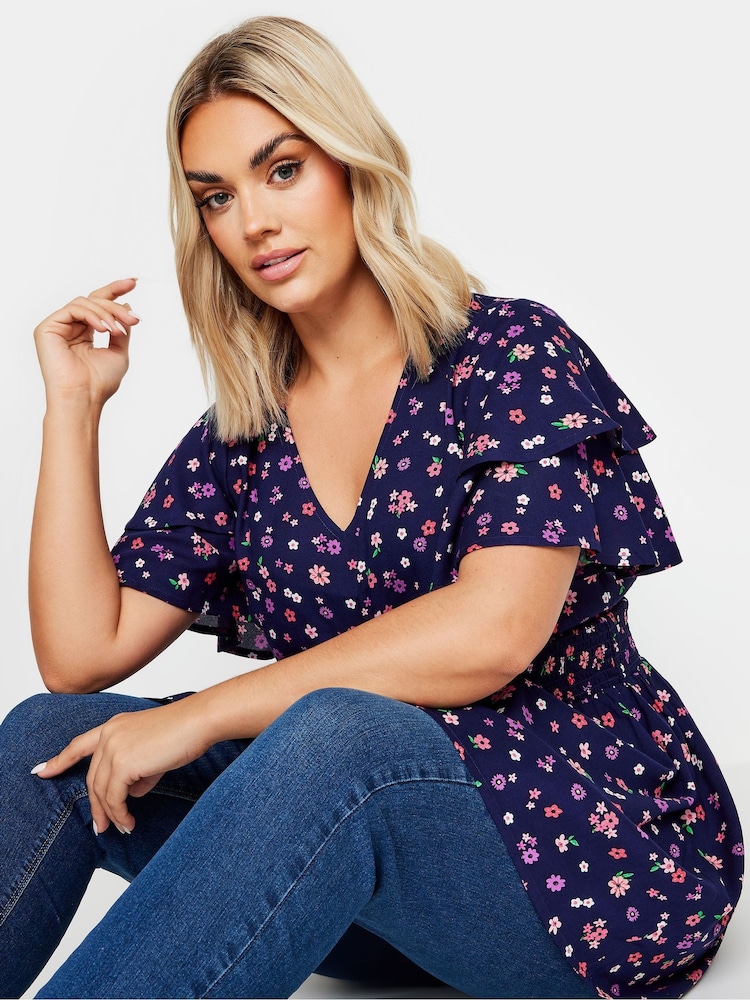 Yours Curve Blue Flutter Sleeve V Top - Image 1 of 5