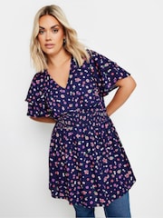 Yours Curve Blue Flutter Sleeve V Top - Image 2 of 5