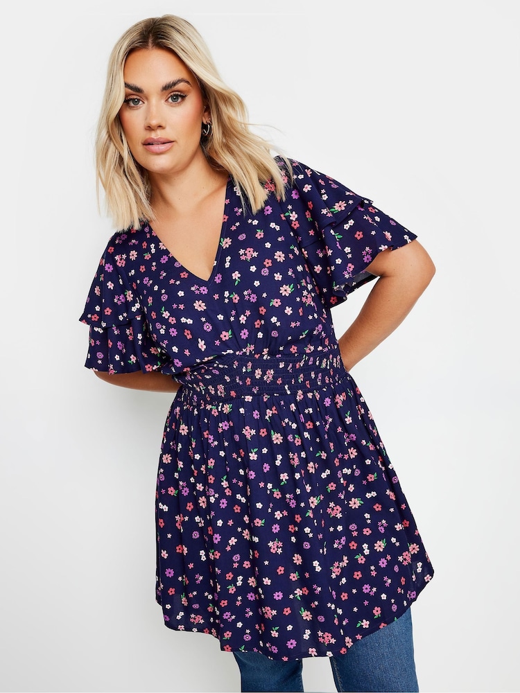 Yours Curve Blue Flutter Sleeve V Top - Image 2 of 5