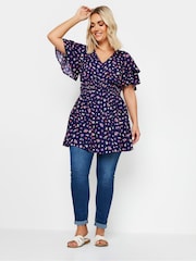 Yours Curve Blue Flutter Sleeve V Top - Image 3 of 5