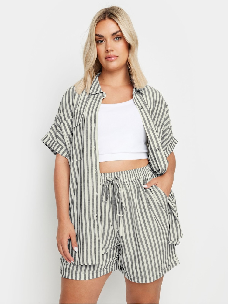 Yours Curve Black Linen Stripe Co-Ord Shorts - Image 1 of 6