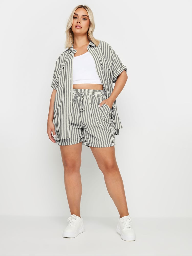 Yours Curve Black Linen Stripe Co-Ord Shorts - Image 4 of 6