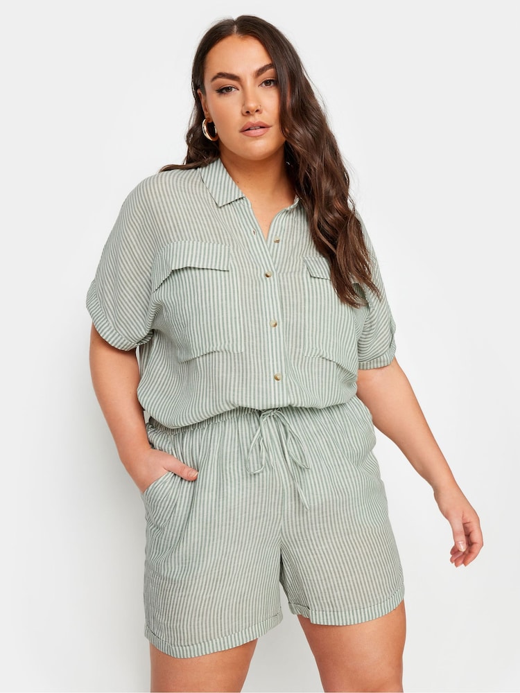 Yours Curve Green Linen Stripe Co-Ord Shorts - Image 1 of 5