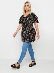 Yours Curve Black Ditsy Print Flutter Sleeve Peplum Top - Image 1 of 5