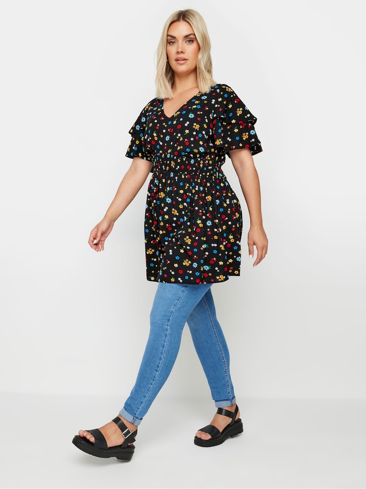 Yours Curve Black Ditsy Print Flutter Sleeve Peplum Top - Image 1 of 5