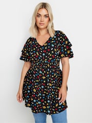 Yours Curve Black Ditsy Print Flutter Sleeve Peplum Top - Image 2 of 5