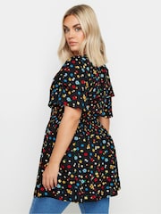 Yours Curve Black Ditsy Print Flutter Sleeve Peplum Top - Image 3 of 5