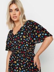 Yours Curve Black Ditsy Print Flutter Sleeve Peplum Top - Image 4 of 5