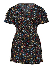 Yours Curve Black Ditsy Print Flutter Sleeve Peplum Top - Image 5 of 5