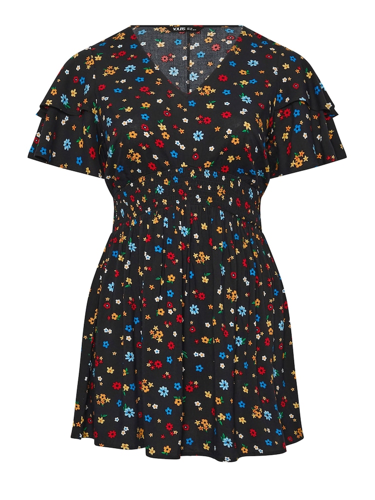 Yours Curve Black Ditsy Print Flutter Sleeve Peplum Top - Image 5 of 5