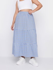 Yours Curve Blue Gingham Textured Maxi Skirt - Image 1 of 5