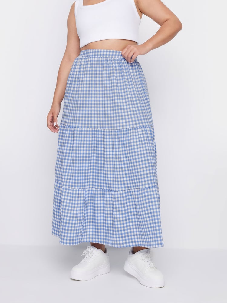 Yours Curve Blue Gingham Textured Maxi Skirt - Image 1 of 5