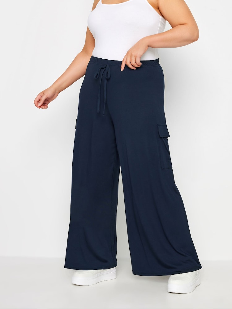 Yours Curve Blue Jersey Wide Leg Cargo Trousers - Image 1 of 5