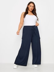 Yours Curve Blue Jersey Wide Leg Cargo Trousers - Image 2 of 5