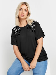Yours Curve Black Pearl Detail T-Shirt - Image 1 of 5