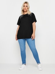 Yours Curve Black Pearl Detail T-Shirt - Image 2 of 5