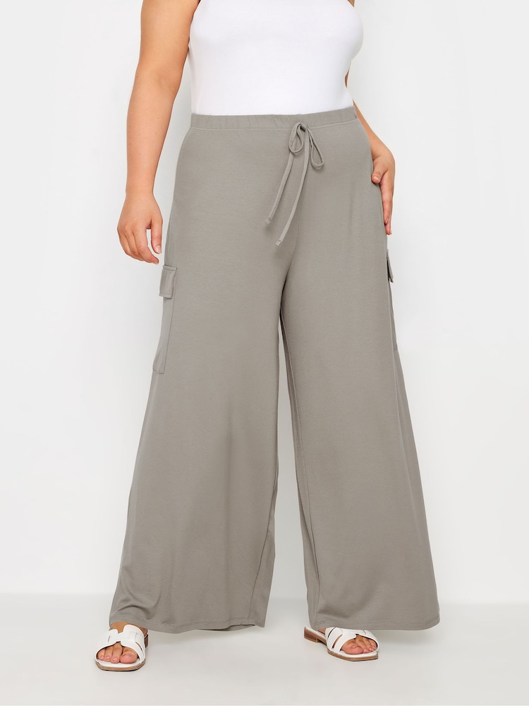 Yours Curve Natural Jersey Wide Leg Cargo Trousers - Image 1 of 6
