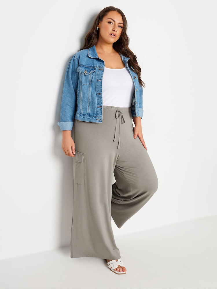 Yours Curve Natural Jersey Wide Leg Cargo Trousers - Image 2 of 6