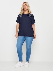 Yours Curve Navy Blue Pearl Detail T-Shirt - Image 2 of 5