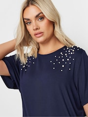 Yours Curve Navy Blue Pearl Detail T-Shirt - Image 4 of 5