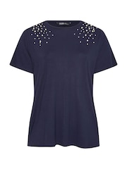 Yours Curve Navy Blue Pearl Detail T-Shirt - Image 5 of 5