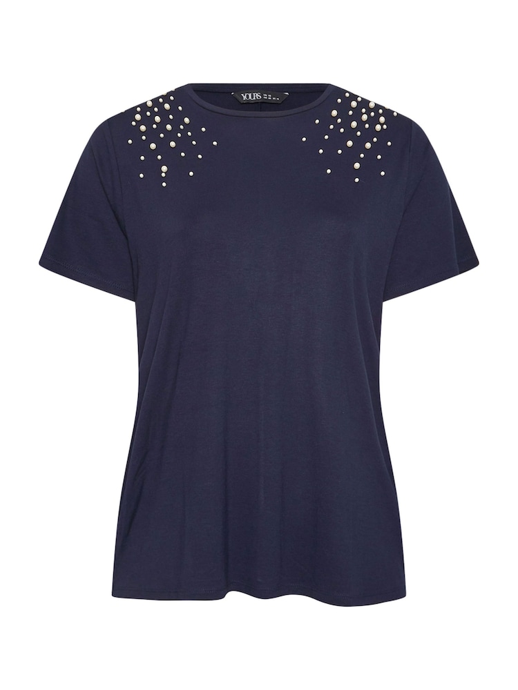 Yours Curve Navy Blue Pearl Detail T-Shirt - Image 5 of 5