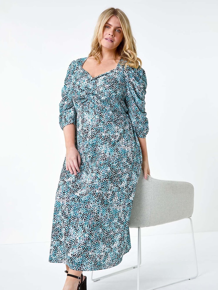 Roman Blue Abstract Spot Ruched Midi Dress - Image 1 of 5