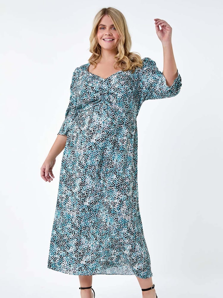 Roman Blue Abstract Spot Ruched Midi Dress - Image 2 of 5